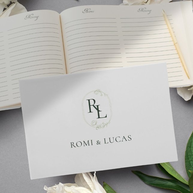 Elegant White & Green Monogram Wedding Guest Book (Creator Uploaded)