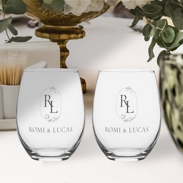 Elegant White & Green Monogram Wedding Stemless Wine Glass (Creator Uploaded)