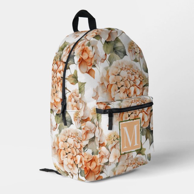 Elegant white green orange floral boho monogram printed backpack (Back Corner Left)