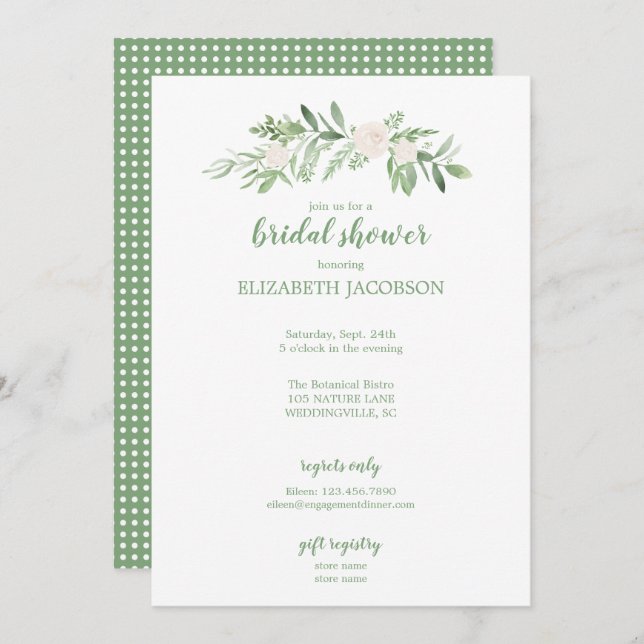 Elegant White & Green Rose Floral Bridal Shower Invitation (Front/Back)
