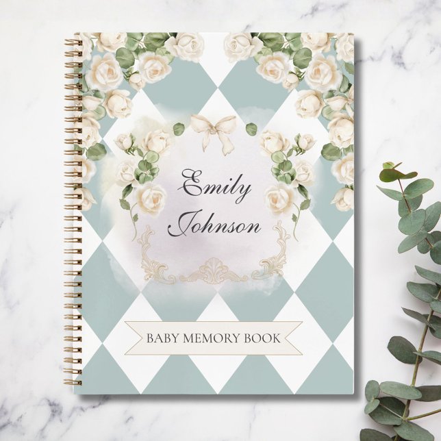 Elegant White Green Roses Baby Girl Memory Book (In situ)