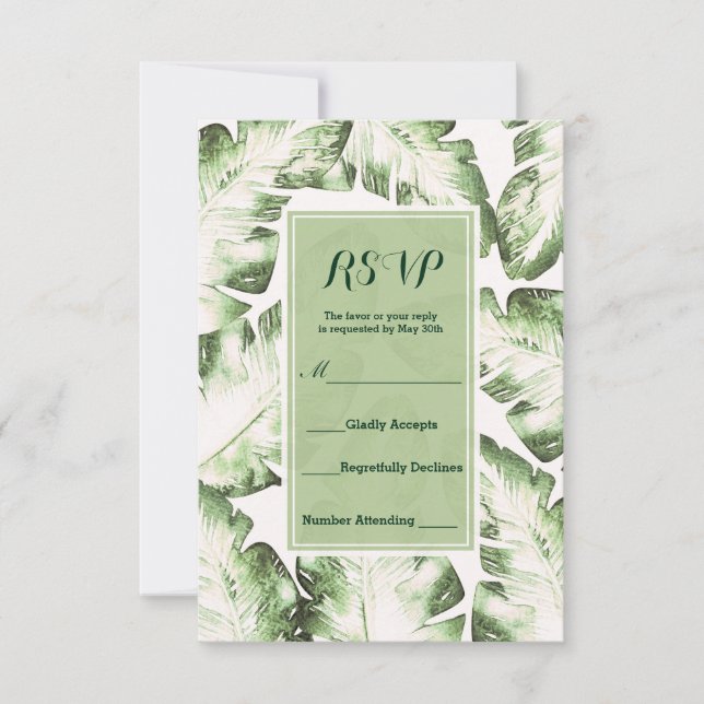 Elegant White Green Tropical Leaves RSVP Reply (Front)