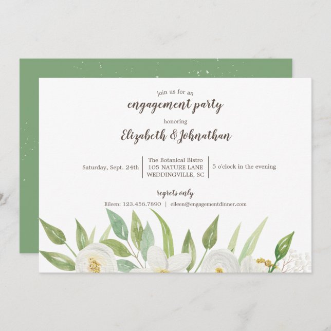 Elegant White & Green Watercolor Floral Engagement Invitation (Front/Back)