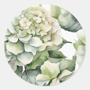 Elegant white green watercolor floral hydrangeas classic round sticker