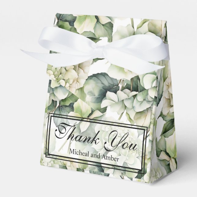 Elegant white green watercolor floral hydrangeas favour box (Front Side)