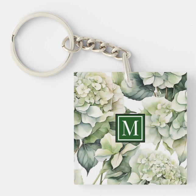 Elegant white green watercolor floral hydrangeas key ring (Front)