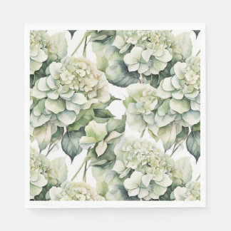 Elegant white green watercolor floral hydrangeas napkin