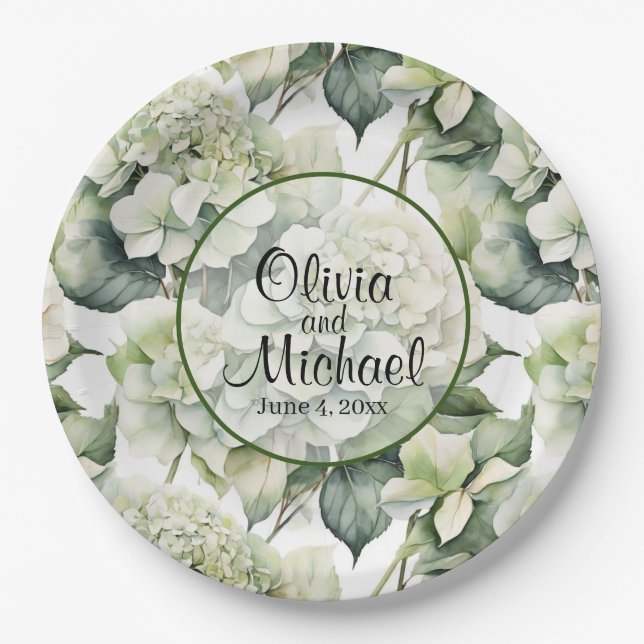 Elegant white green watercolor floral hydrangeas  paper plate (Front)