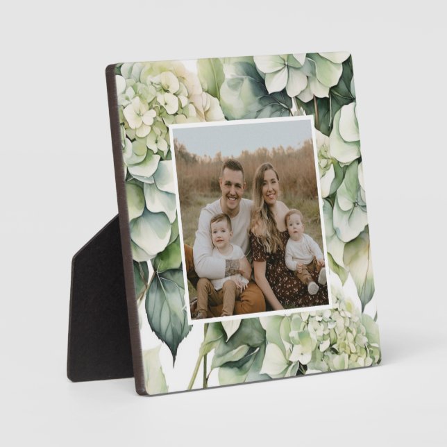 Elegant white green watercolor floral hydrangeas plaque (Front)