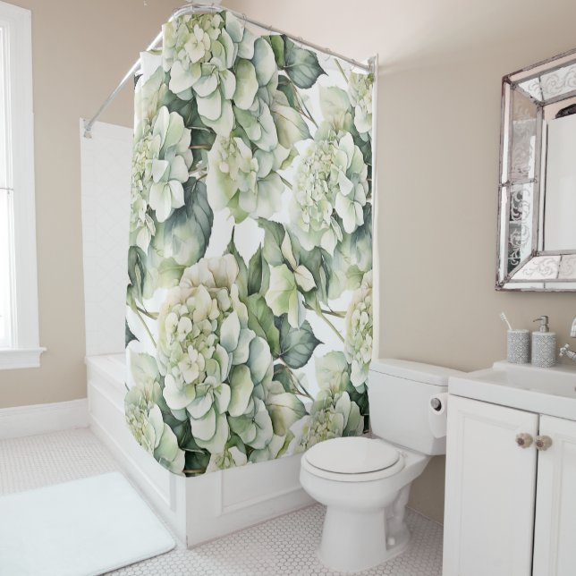 Elegant white green watercolor floral hydrangeas shower curtain (In Situ)