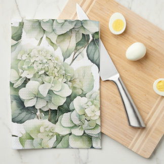 Elegant white green watercolor floral hydrangeas tea towel
