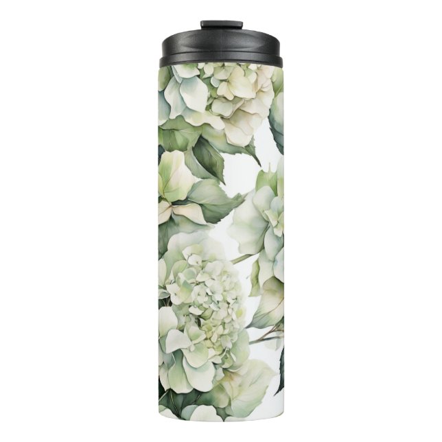 Elegant white green watercolor floral hydrangeas thermal tumbler (Front)