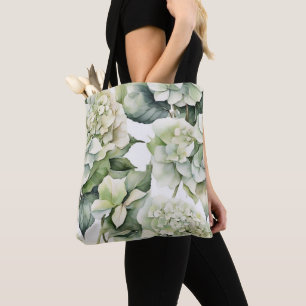 Elegant white green watercolor floral hydrangeas tote bag