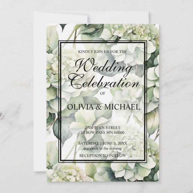 Elegant white green watercolor floral Wedding Invitation (Front)