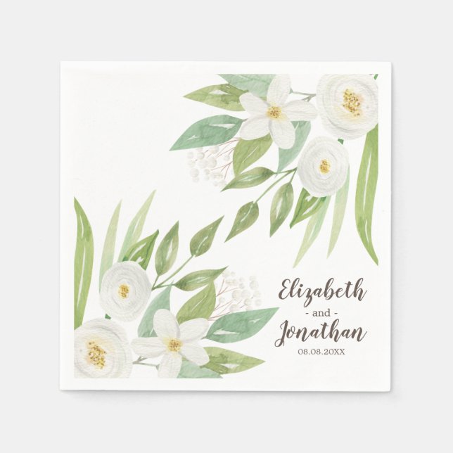 Elegant White & Green Watercolor Floral Wedding Napkin (Front)