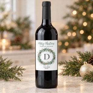 Elegant White Green Wreath Monogram Christmas Wine Label