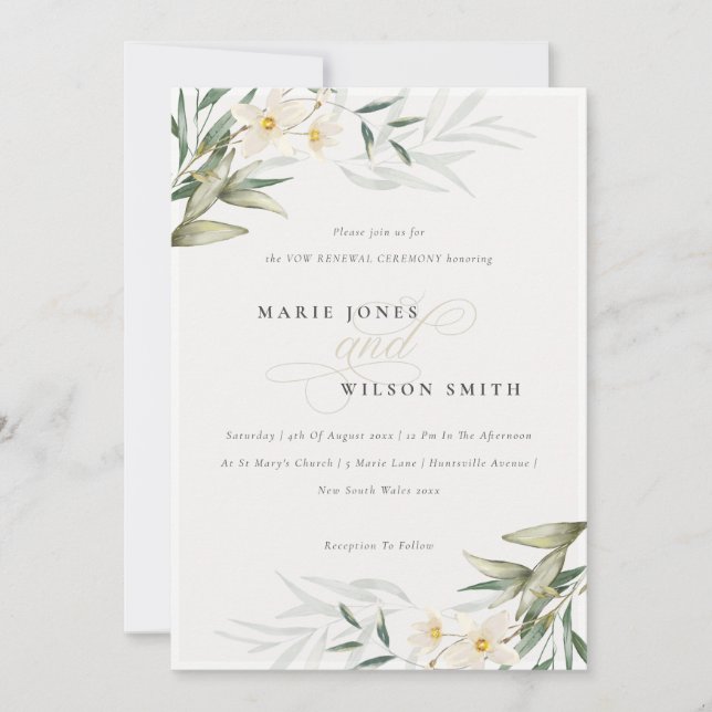 Elegant White Greenery Floral Vow Renewal Invite (Front)