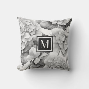 Elegant white grey black floral watercolor monogra cushion