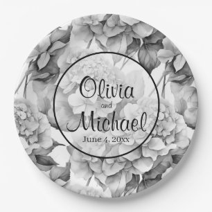 Elegant white grey black floral watercolor paper plate