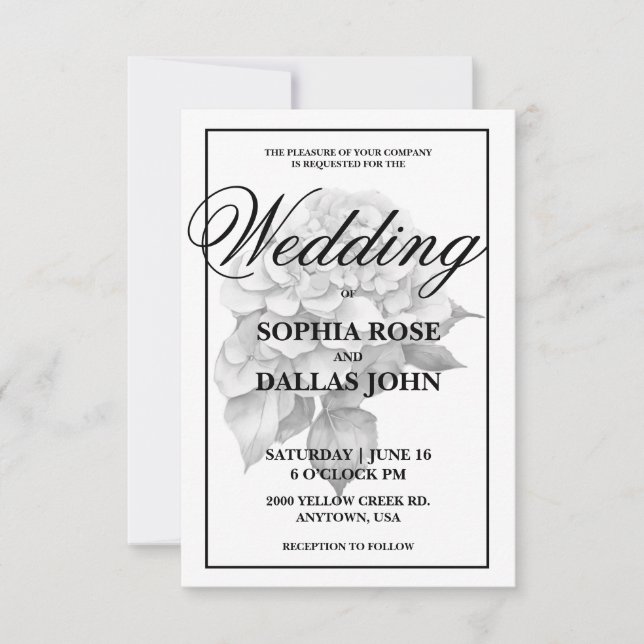 Elegant white grey black watercolor floral  invitation (Front)