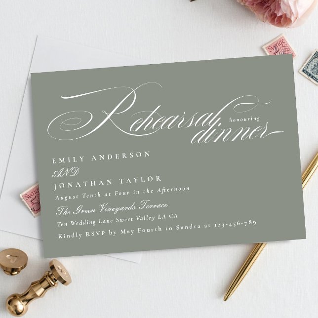 Elegant White Grey Calligraphy Rehearsal Dinner Enclosure Card (Creator Uploaded)