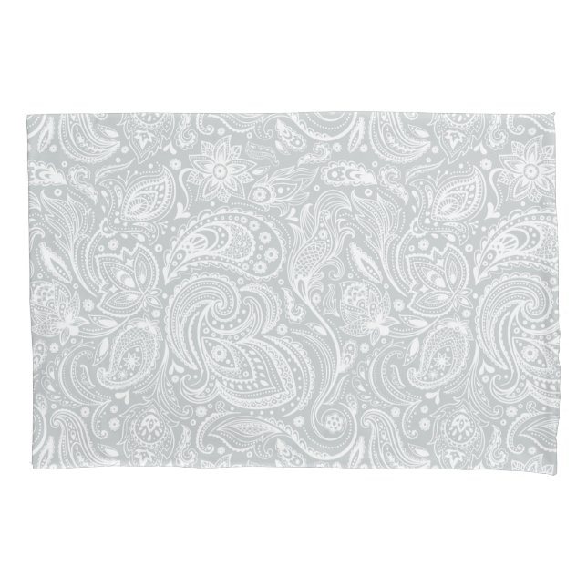 Elegant White & Grey Floral Paisley Pattern Pillowcase (Front)