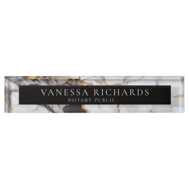 Elegant White Grey Gold Marble Notary Black  Nameplate (Front)