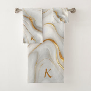 Elegant White Grey & Gold Marble Swirl Initial Bath Towel Set
