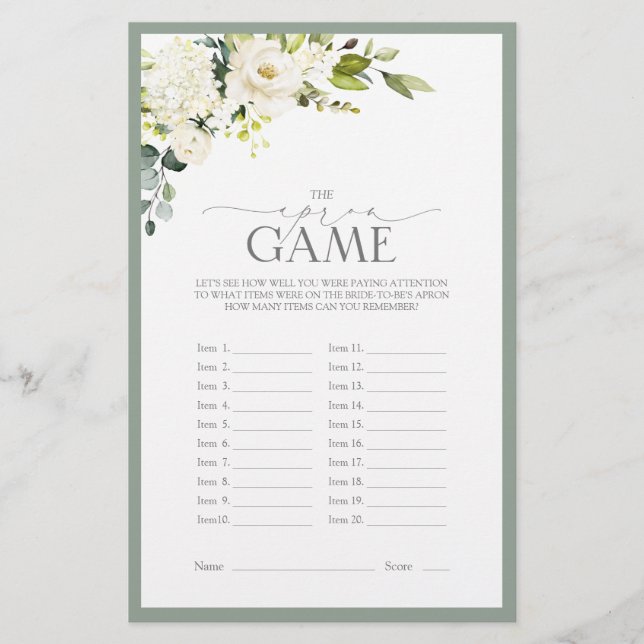 Elegant White Grey Green Bridal Shower Game (Front)
