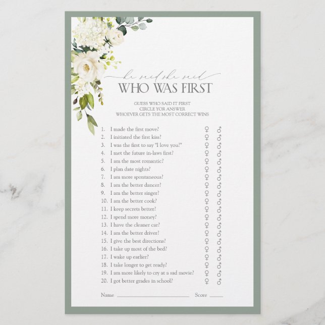 Elegant White Grey Green Bridal Shower Game (Front)