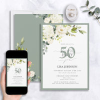Elegant White Grey Green Floral 50th Birthday