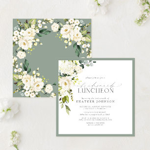 Elegant White Grey Green Floral Bridal Luncheon Invitation