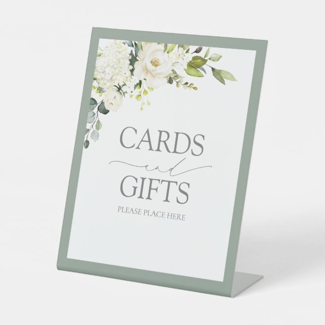 Elegant White Grey Green Floral Cards & Gifts Pedestal Sign (Front)