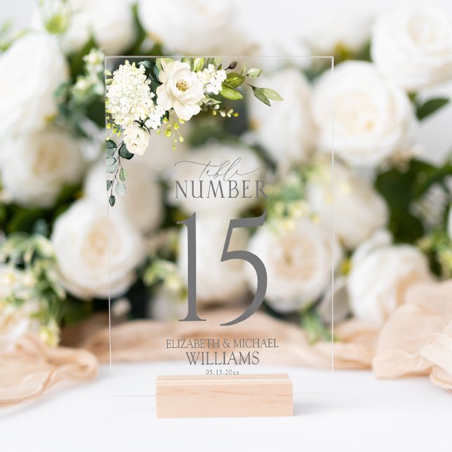 Elegant White Grey Green Floral Table Number Acrylic Sign (Wedding Table Number!
)