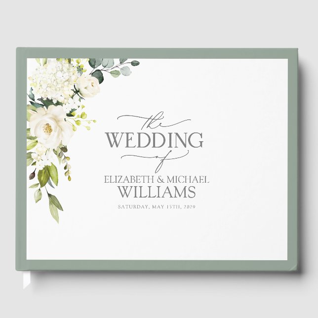 Elegant White Grey Green Floral Watercolor Guest Book (Front)