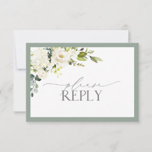 Elegant White Grey Green Floral Watercolor RSVP Card