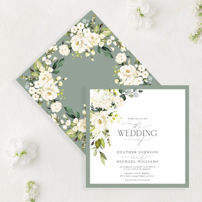 Elegant White Grey Green Floral Watercolor Script Invitation (Creator Uploaded)