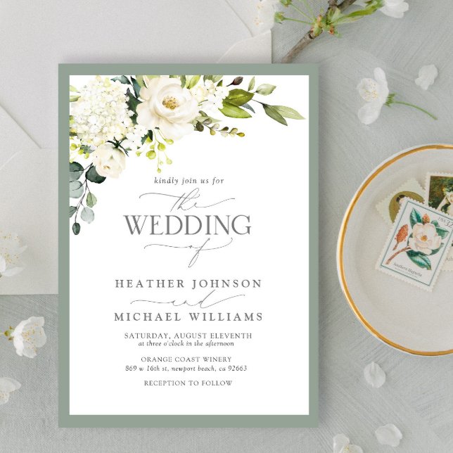 Elegant White Grey Green Floral Watercolor Wedding Invitation (Creator Uploaded)