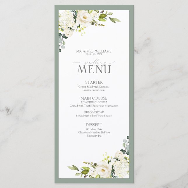 Elegant White Grey Green Floral Watercolor Wedding Menu (Front)