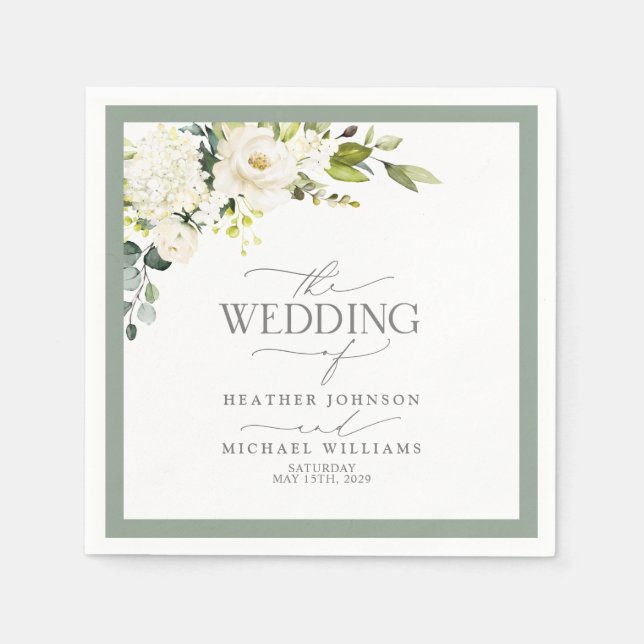 Elegant White Grey Green Floral Watercolor Wedding Napkin (Front)