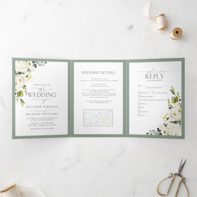 Elegant White Grey Green Meals Wedding Tri-Fold Invitation (Inside)