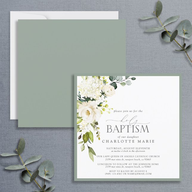 Elegant White Grey Green Watercolor Baptism  Invitation (Creator Uploaded)
