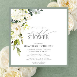 Elegant White Grey Green Watercolor Bridal Shower Invitation