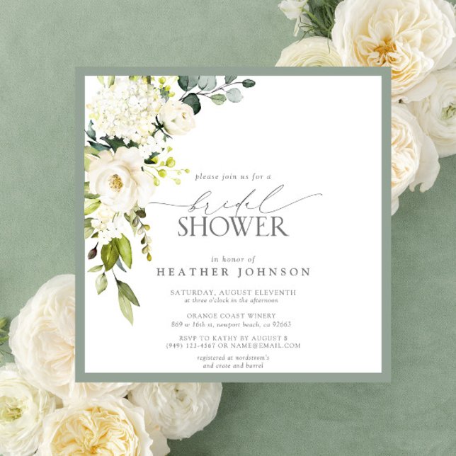 Elegant White Grey Green Watercolor Bridal Shower Invitation (Creator Uploaded)