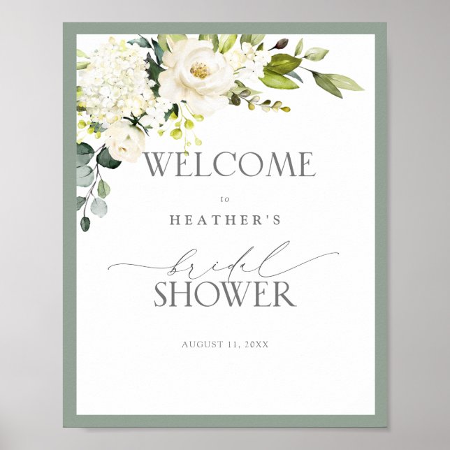 Elegant White Grey Green Watercolor Bridal Shower Poster (Front)
