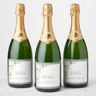 Elegant White Grey Green Watercolor Bridal Shower Sparkling Wine Label