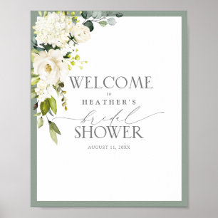 Elegant White Grey Green Watercolor Bridal Welcome Poster