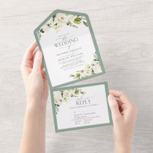 Elegant White Grey Green Watercolor Floral All In One Invitation