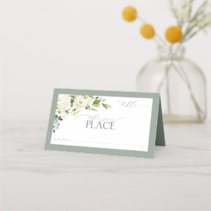 Elegant White Grey Green Watercolor Floral Place Card
