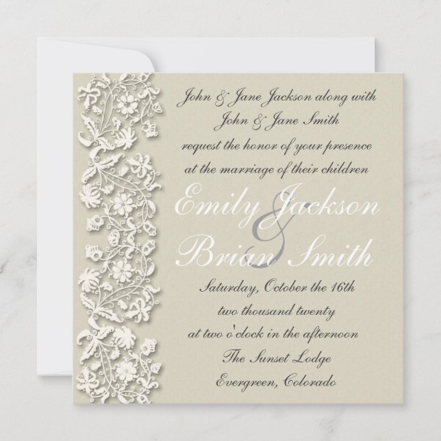Elegant white grey lace formal wedding invitations (Front)